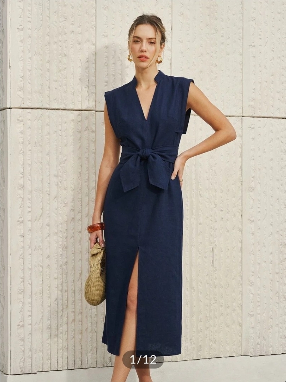 NWT Commense Cotton-Linen Sleeveless V-Neck Bow Split Dress, Large